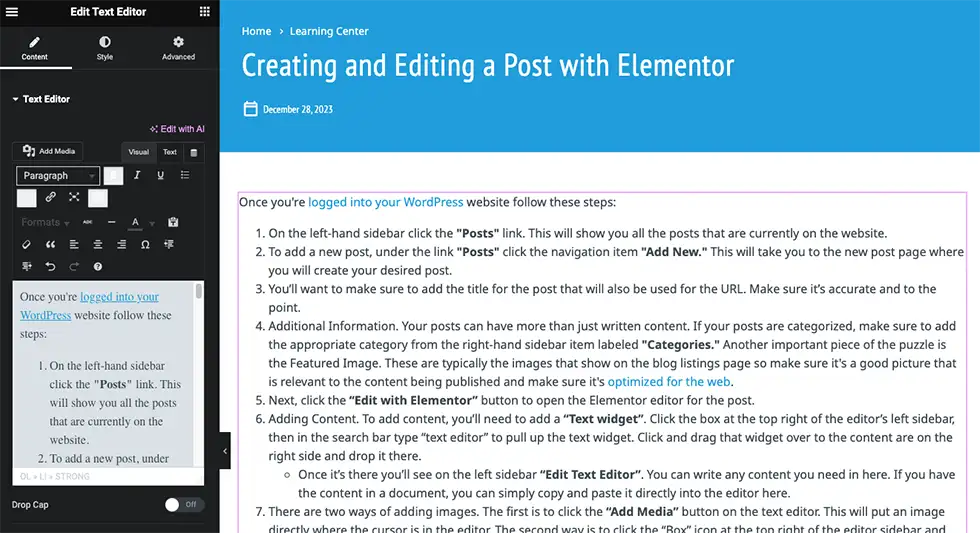 Editing Elementor Text