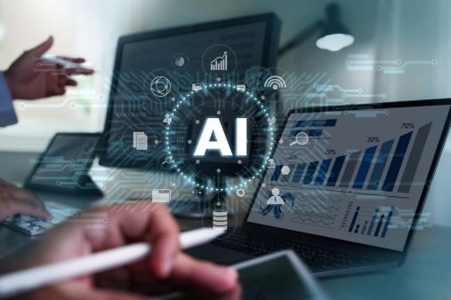 AI graphic with laptop tracking SEO in background