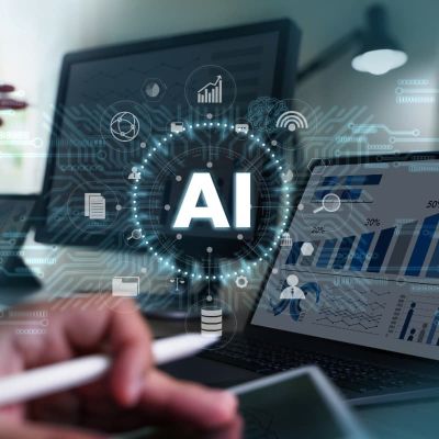 AI graphic with laptop tracking SEO in background