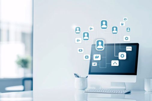 social media marketing concept clean white minimalist desk with computer on it