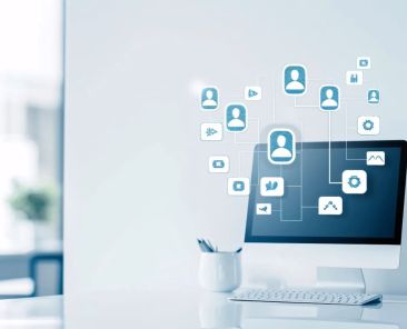 social media marketing concept clean white minimalist desk with computer on it