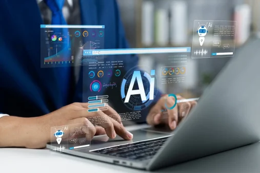 ai concept over laptop where someone is searching for results and receiving ai answers