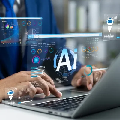 ai concept over laptop where someone is searching for results and receiving ai answers