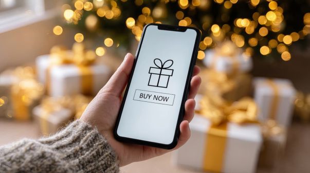 holiday ecommerce design on cell phone showing person holiday shopping with tree lights and gifts in background