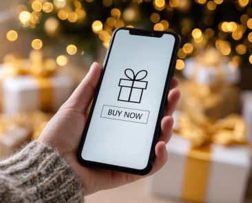 holiday ecommerce design on cell phone showing person holiday shopping with tree lights and gifts in background
