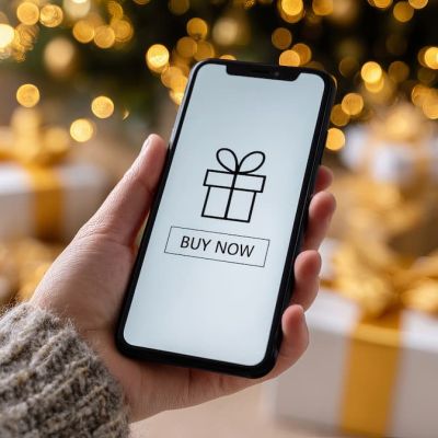 holiday ecommerce design on cell phone showing person holiday shopping with tree, lights, and gifts in background