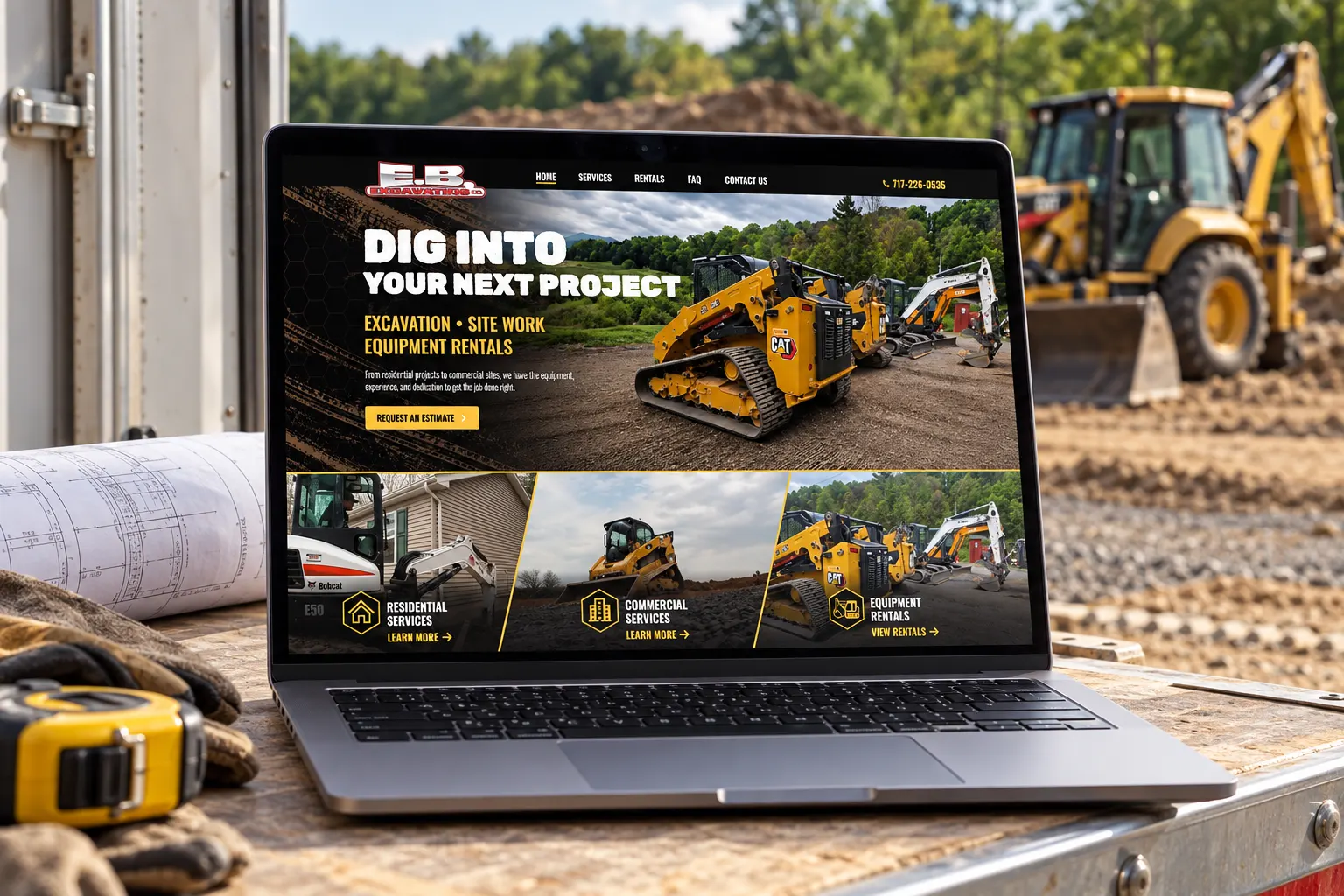Mobile first designed eb excavating on screen