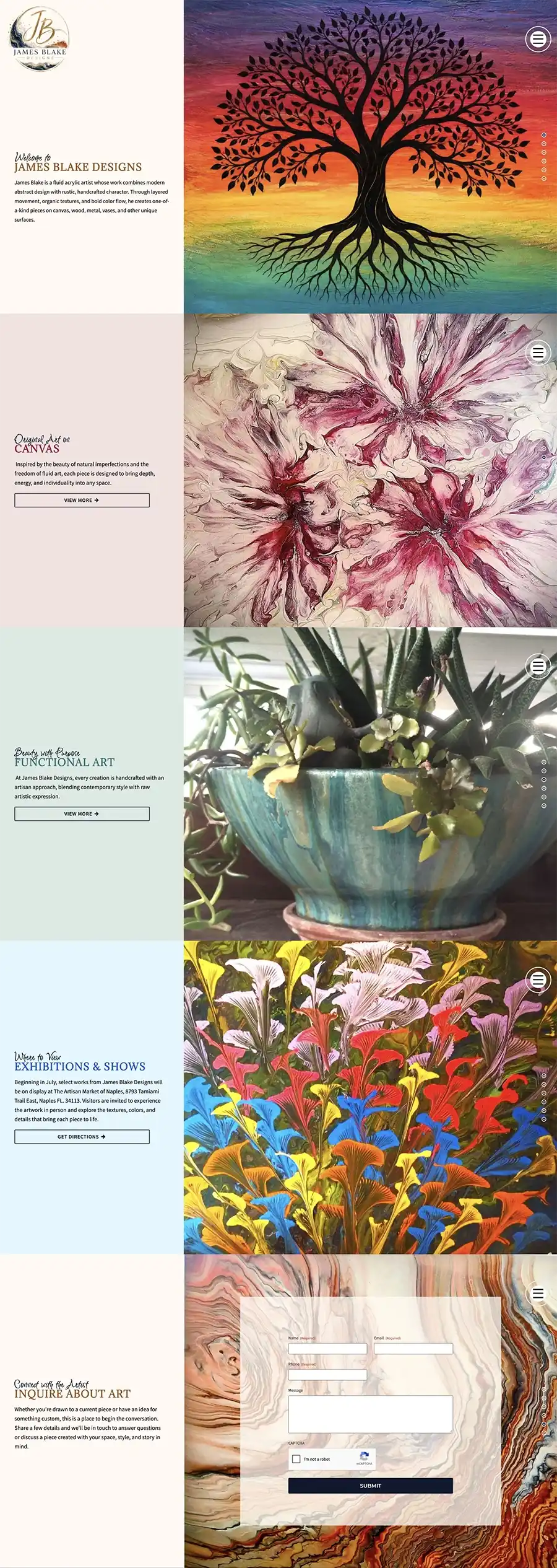 Artist portfolio landing page with a vertical grid of artwork panels and left descriptive text